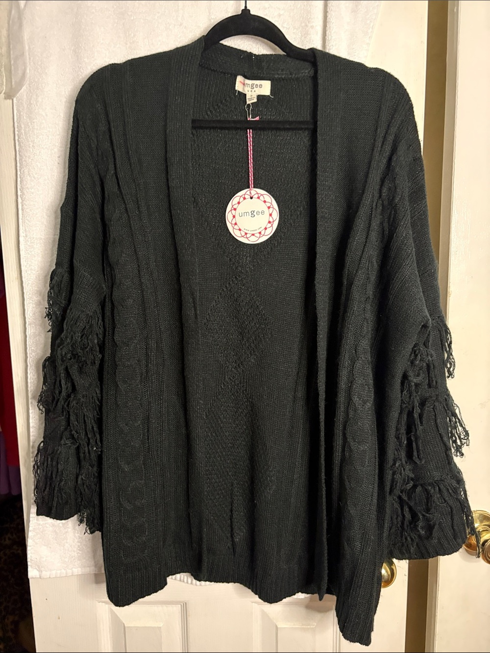 Umgee Black Open-Front Fringe Cable Cardigan